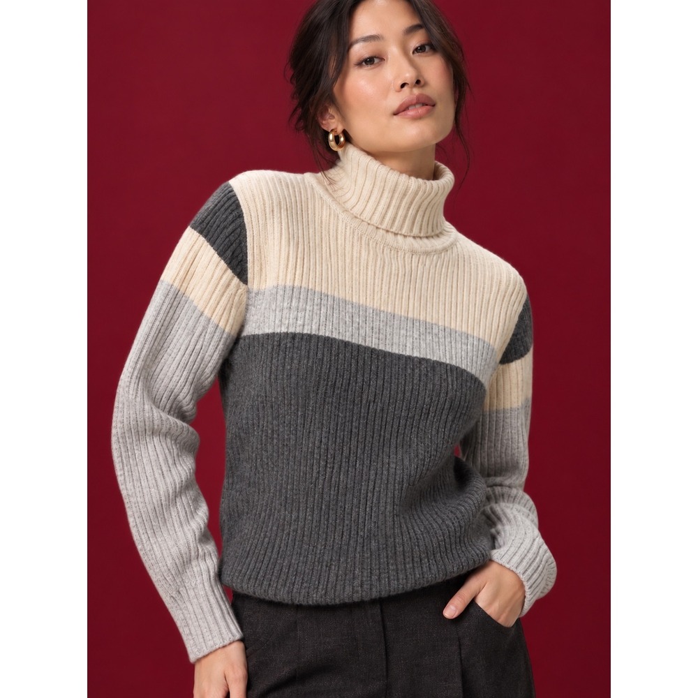 VTG Valerie Stevens 100% Cashmere Ribbed Turtleneck Sweater Colorblock Grey XL